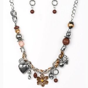 Paparazzi Silver and Brown Charm Necklace Set Charmed, I Am Sure Fashion Jewel